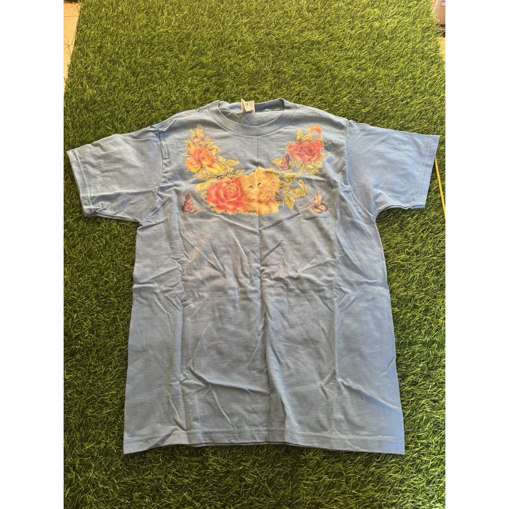 VTG Y2K Air Waves Joan Marie Cat Floral Graphic T Shirt Blue Kitten Tee Large